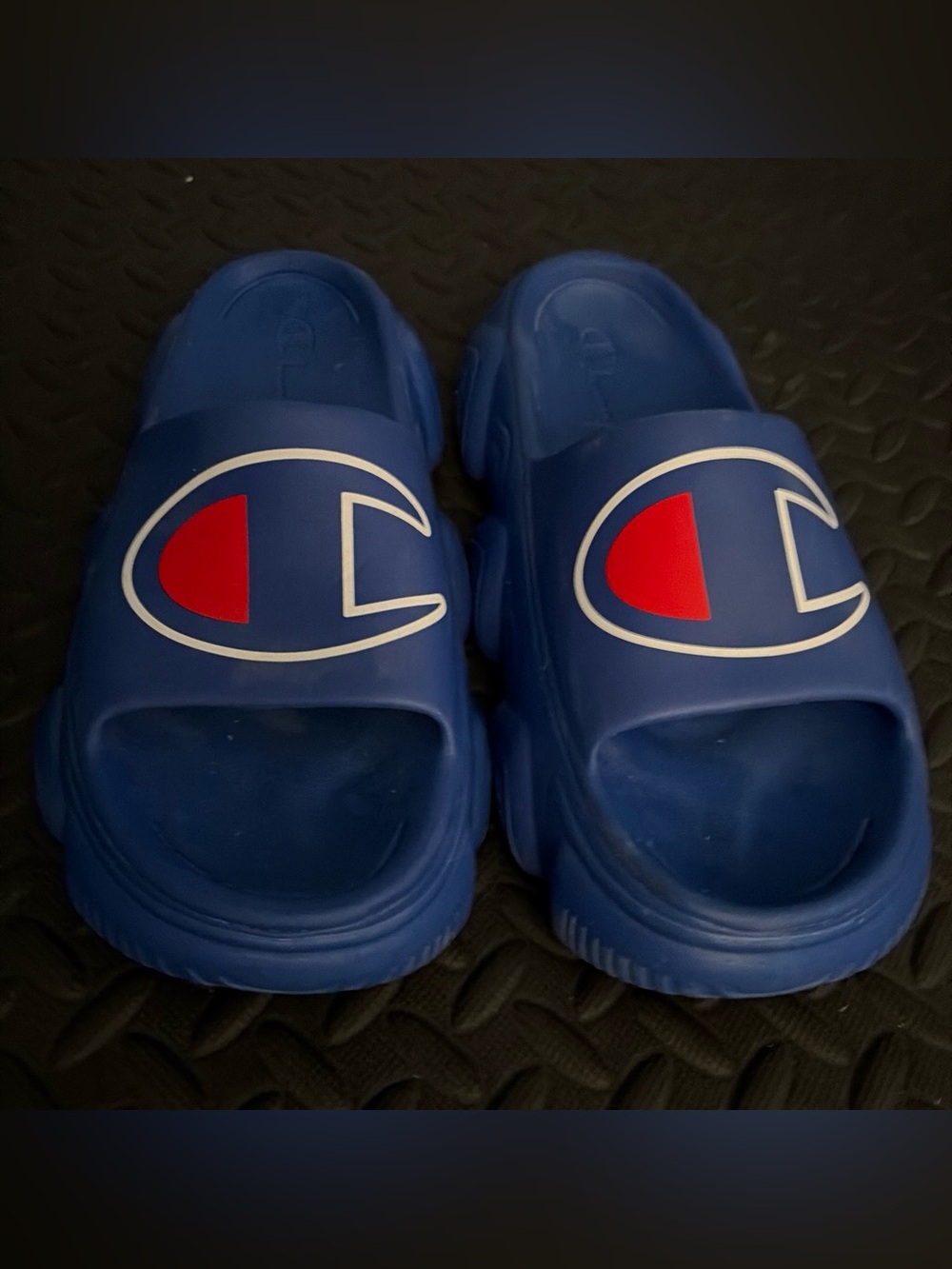 Champion Blue Kids Slide Sandals with Red Logo Accent
